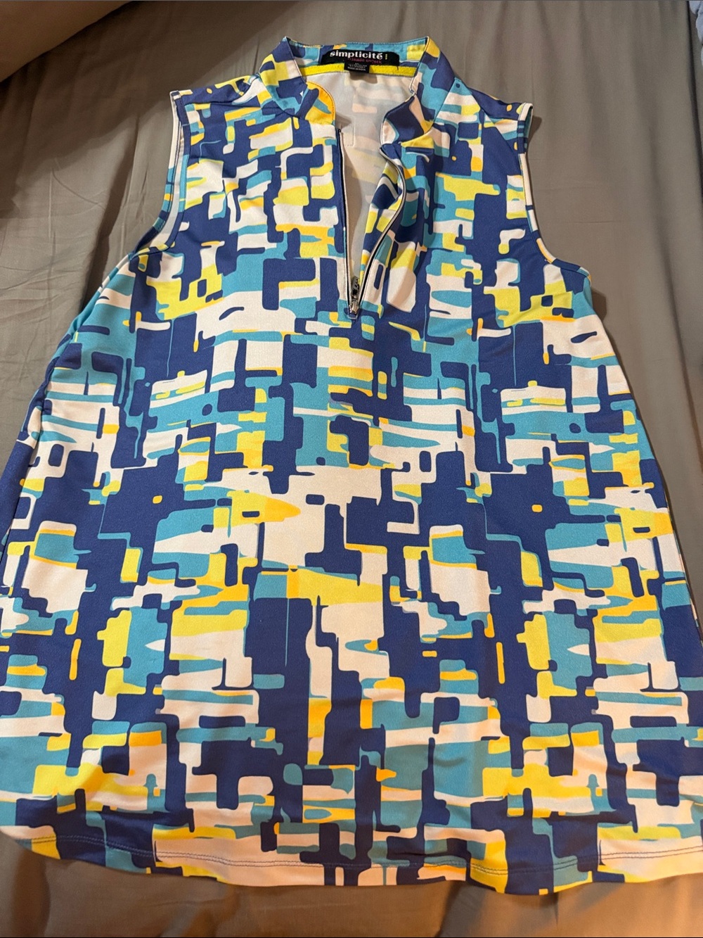 Simplicite by Jamie Sadock Sleeveless Golf Polo Shirt Blue Yellow Abstract XL